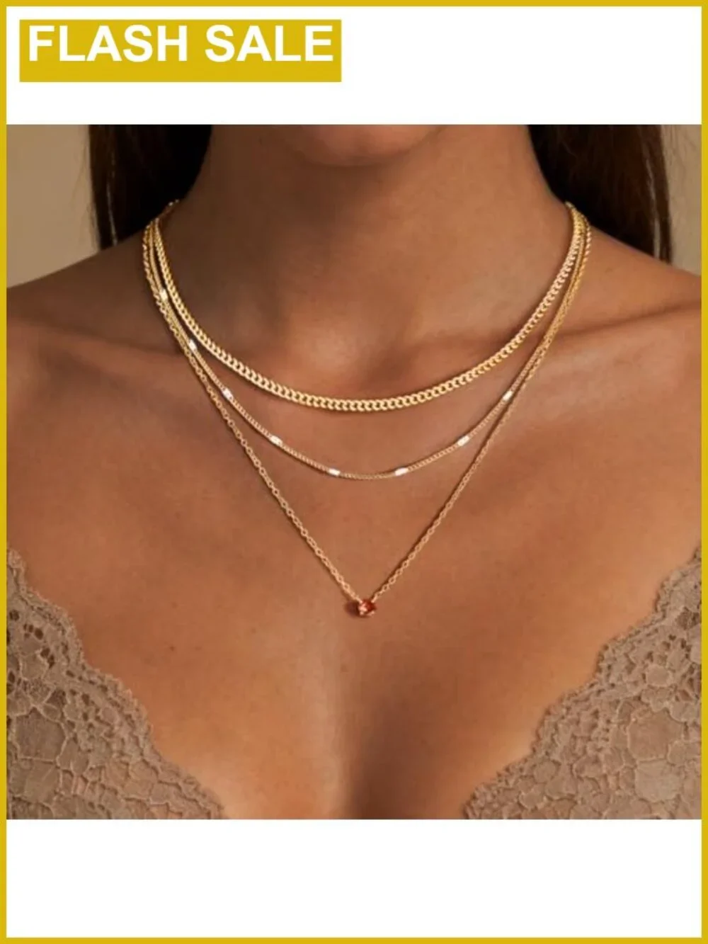 14K Gold Plated 3-Piece Layered Necklace Set Cuban Chain Created Ruby July